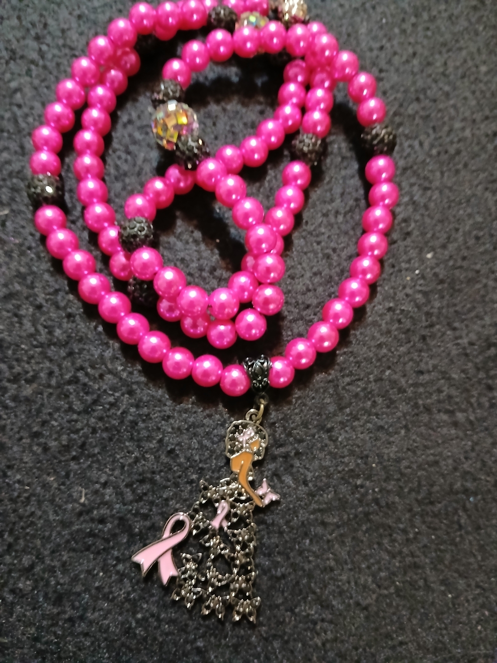 Pink Beaded Multi-Strand Necklace with Ribbon Charm